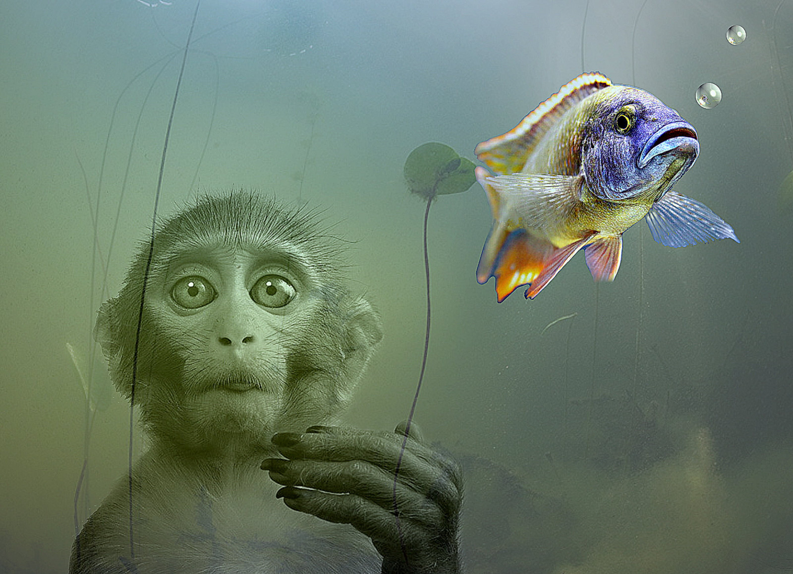 humor, Ryba, Pod vodou, biologie, UMĚNÍ, fauna, makro fotografie, mořská biologie, ambrosioni, zzmanipulation, Acquario, scimmia, pesce, Muti