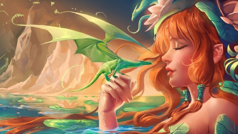 ilustrace, anime, drak, hory, voda, dítě ilustrace, anime, drak, hory, voda, dítě