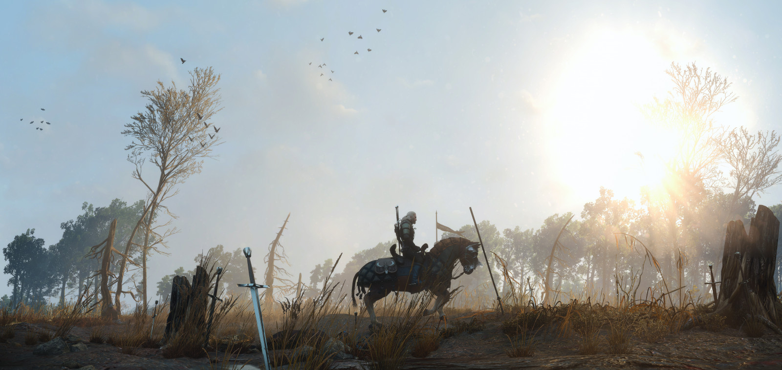 slunečnímu záření, krajina, kůň, tráva, nebe, zima, večer, ráno, atmosféra, panoráma, UMĚNÍ, strom, rostlina, hospodářská zvířata, digitální, hry, venkov, tráva rodina, kůň jako savci, mustang kůň, pack animal, cdprojectred, Geralt, gamescreenshots, witcher3, stock photography