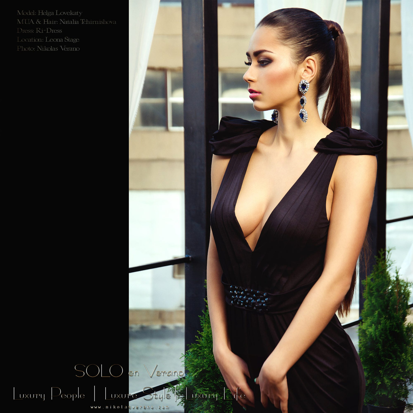 Nikolas Verano, femei, Helga Lovekaty, brunetă, par lung, coadă de cal, machiaj, Eyeshadow, long eyelashes, roși, ruj, Modă, rochie, îmbrăcăminte negru, clivaj, Bijuterii, cercel