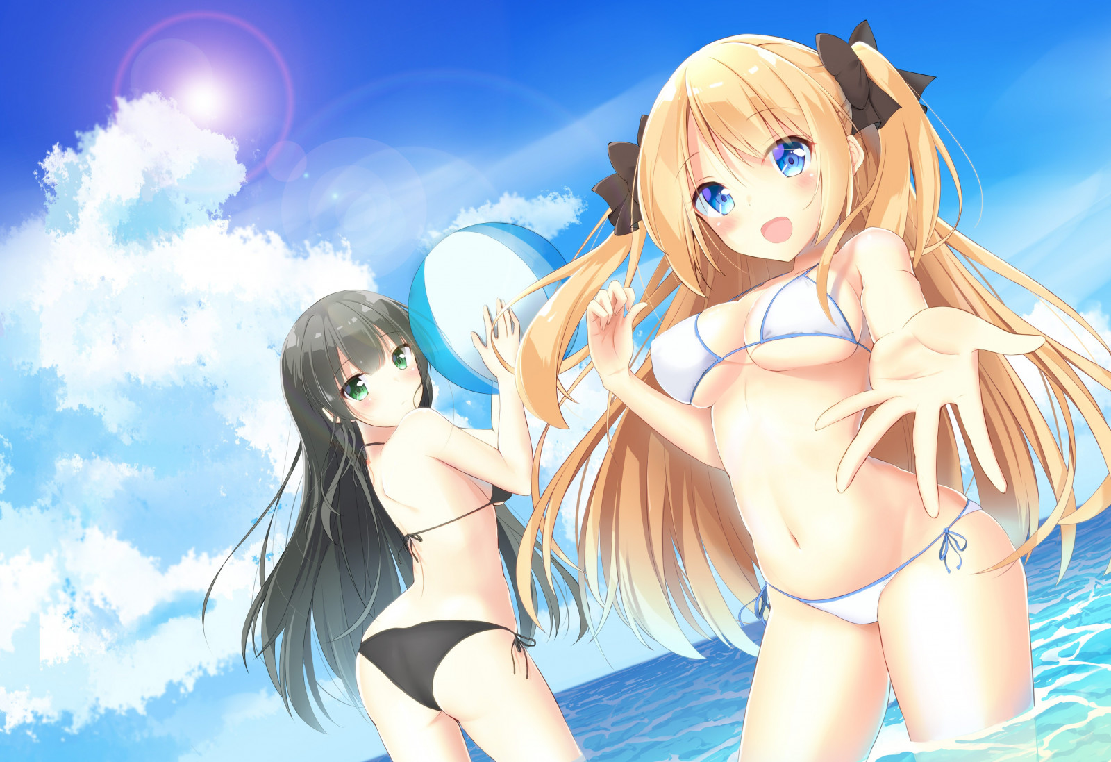 bionda, capelli lunghi, anime, acqua, occhi verdi, nuvole, capelli neri, sfaldamento, capelli, capelli castani, bagnato, arrossendo, bikini, occhi Aqua, palla, underboob, due pezzi, mangaka