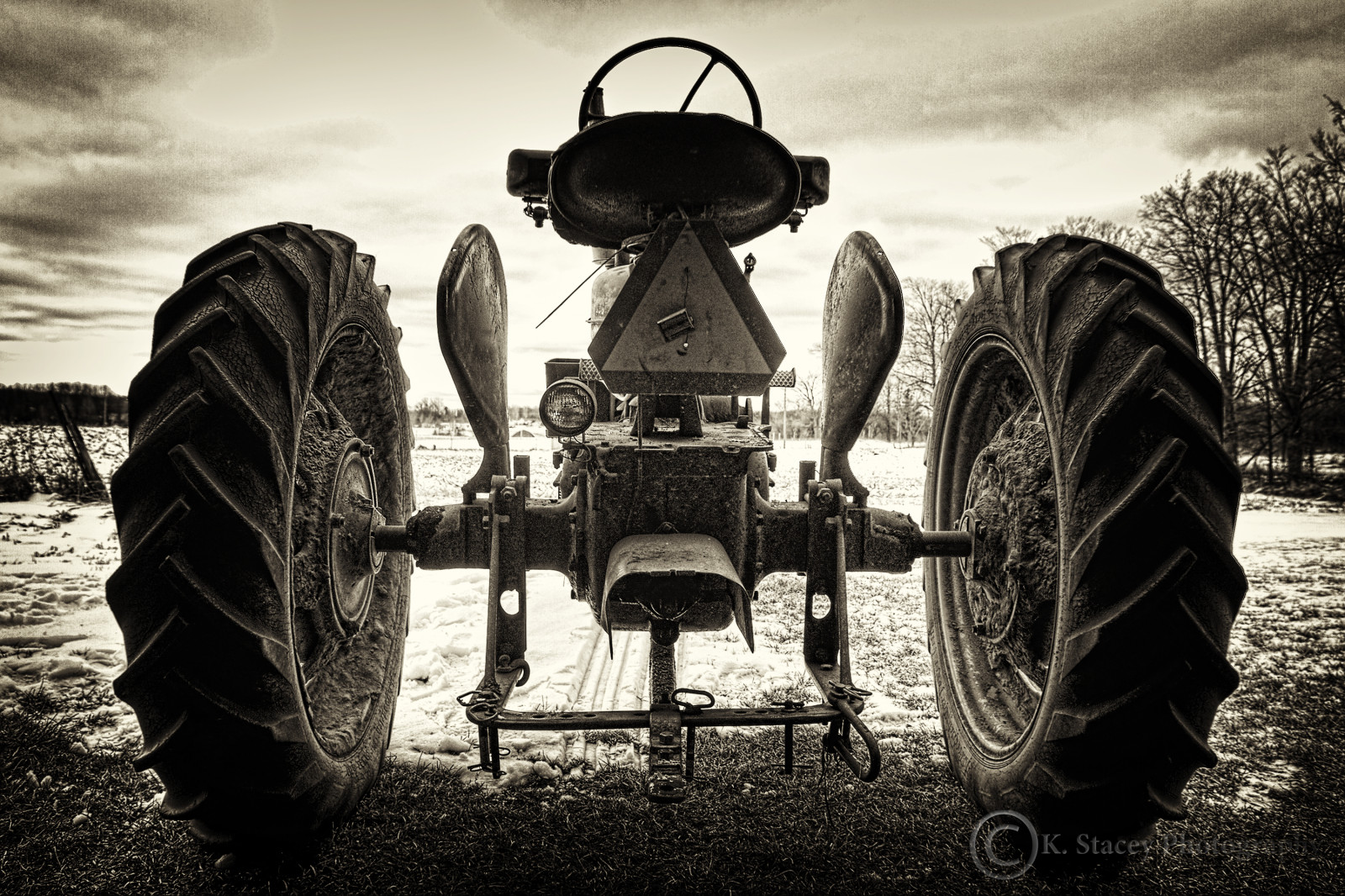 Wallpaper winter, sky, white, snow, tractor, black, nature, grass