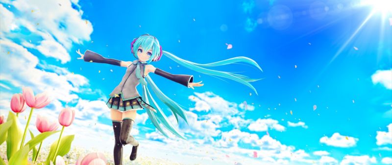 flowers, anime, blue hair, clouds, Hatsune Miku, illustration flowers, anime, blue hair, clouds, Hatsune Miku, illustration