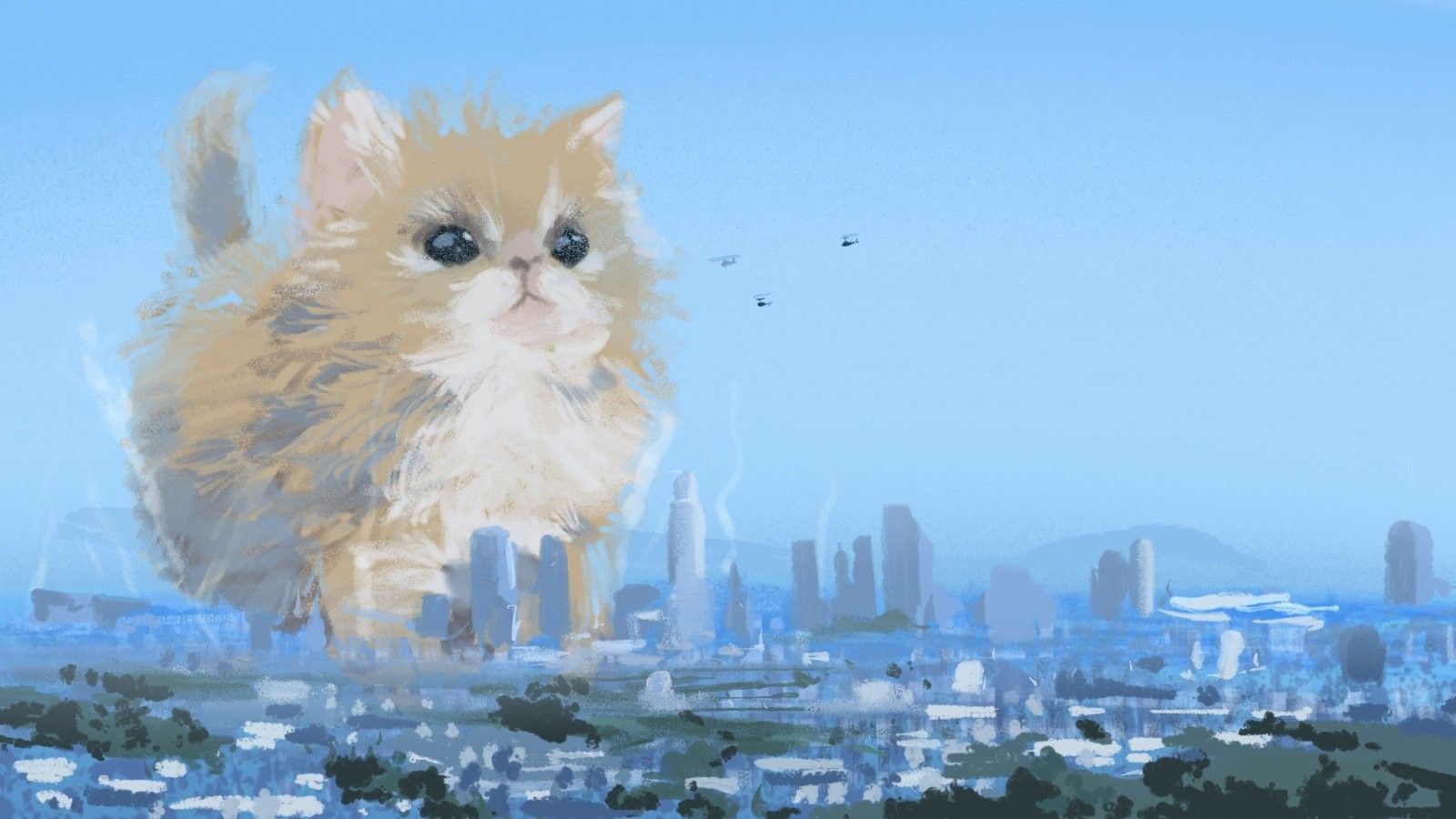 gatti, catzilla, elicottero, disegno, fantascienza, ciano