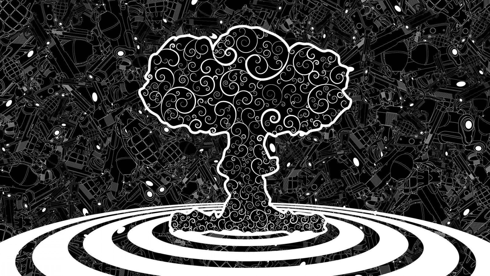 illustration, monochrome, abstract, artwork, spiral, symmetry, pattern, circle, explosion, mushroom clouds, design, black and white, monochrome photography, font