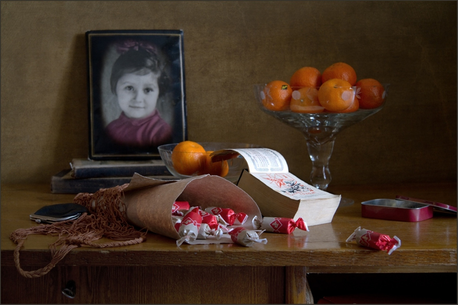 stůl, bonbón, portrét, sladký, mandarinka, piala