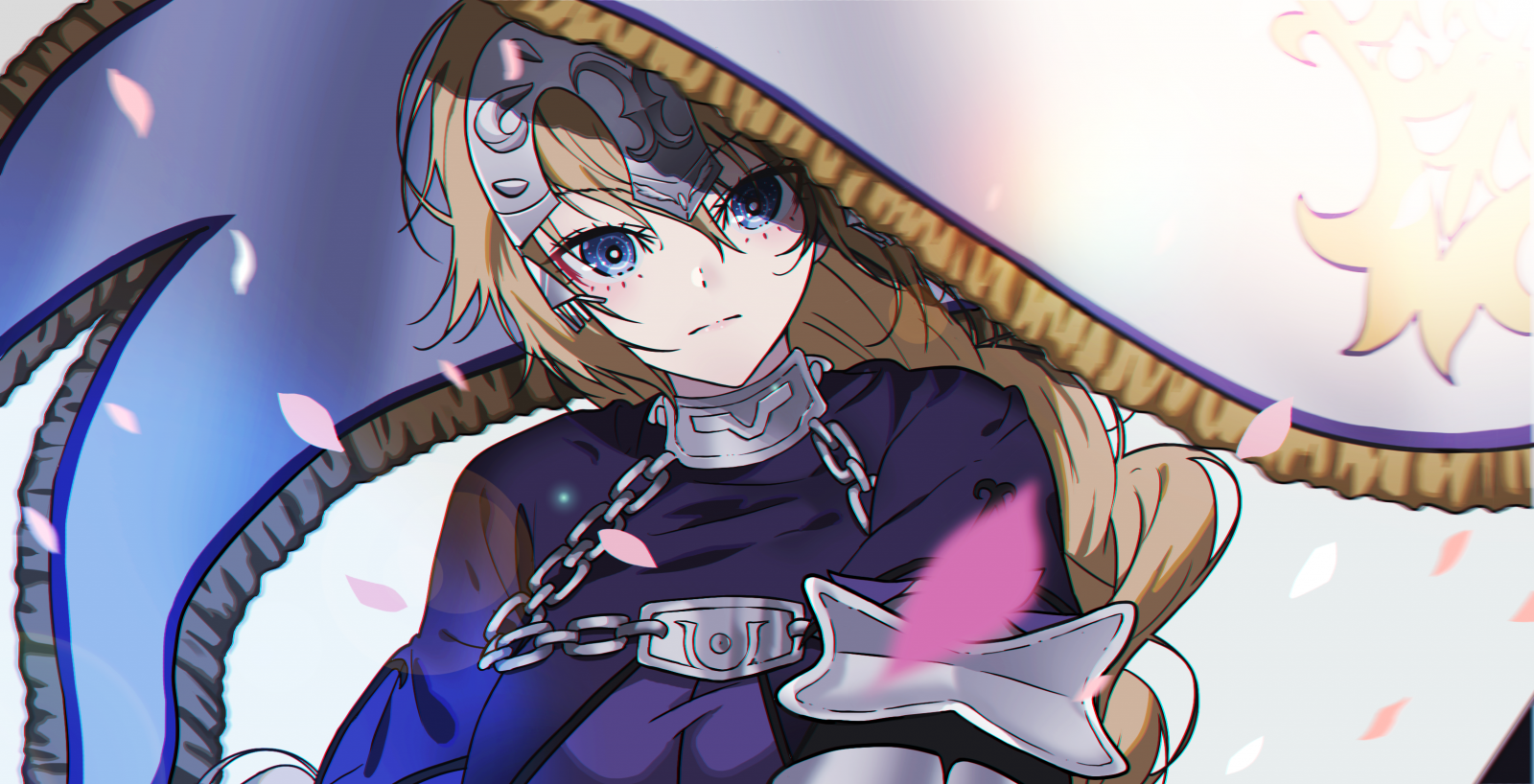 osud Series, FGO, Osudové apokryfy, anime dívky, 2D, velká prsa, brnění, Ruler Fate Apocrypha, Jeanne d Arc Fate, při pohledu na diváka, dlouhé vlasy, Braided hair, fan art, blonďaté vlasy, modré oči