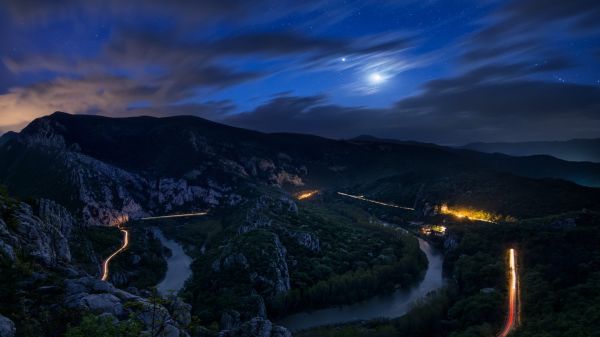 1920x1080 px, Bulgaria, clouds, forest, landscape, light trails