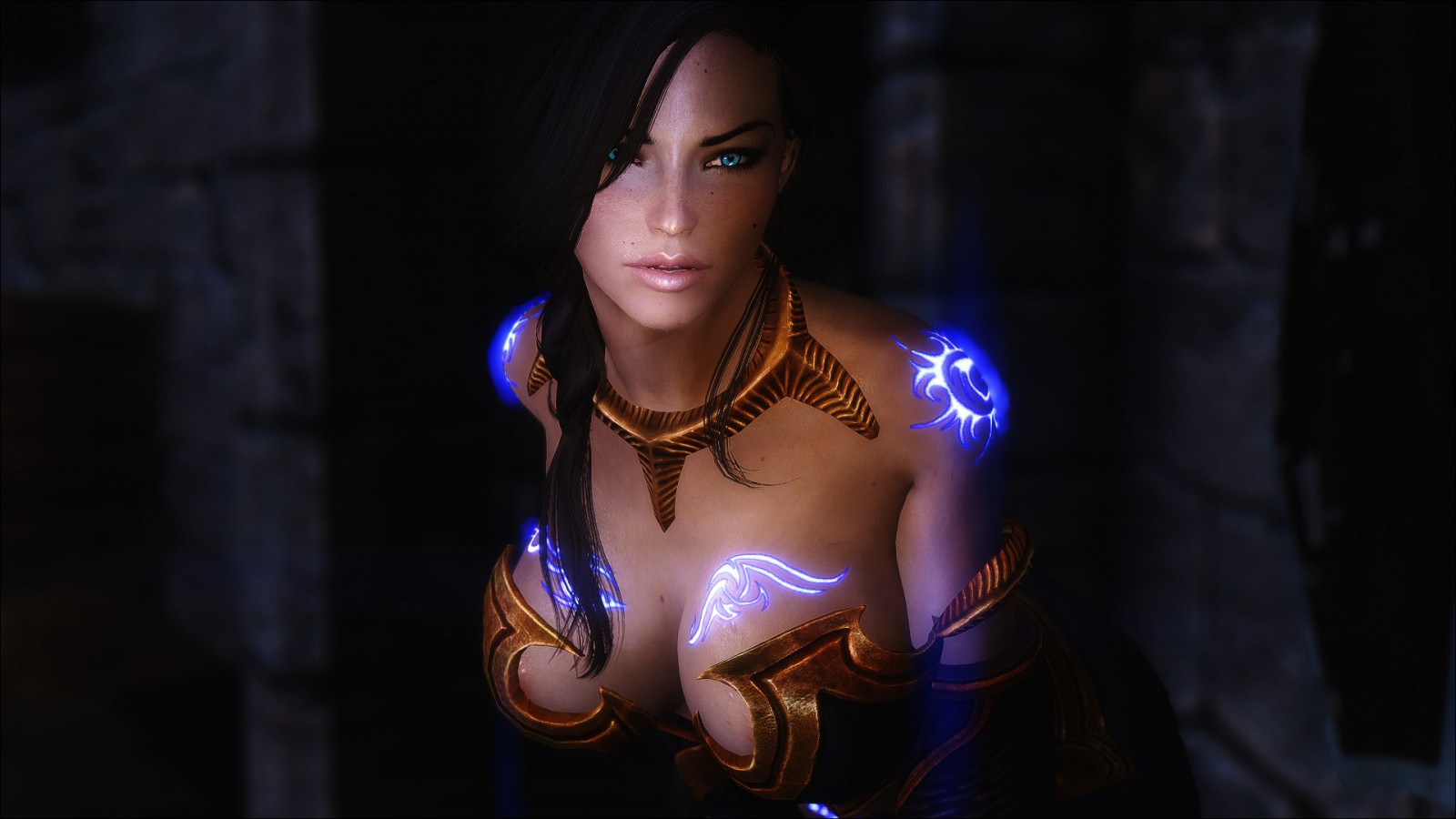 ženy, model, modré oči, fotografování, modrý, móda, The Elder Scrolls V Skyrim, prsa, dáma, fáze, tma, obraz, Snímek obrazovky, performance