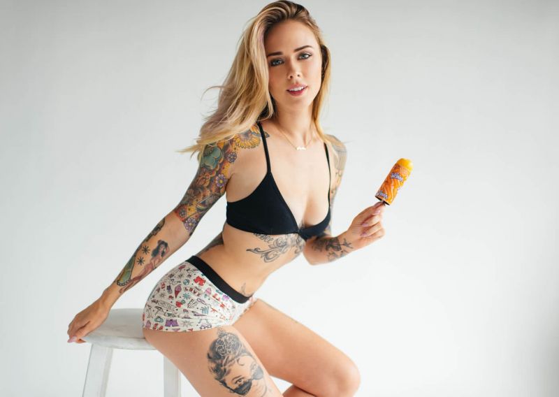 women, model, simple background, shorts, tattoo, bra women, model, simple background, shorts, tattoo, bra