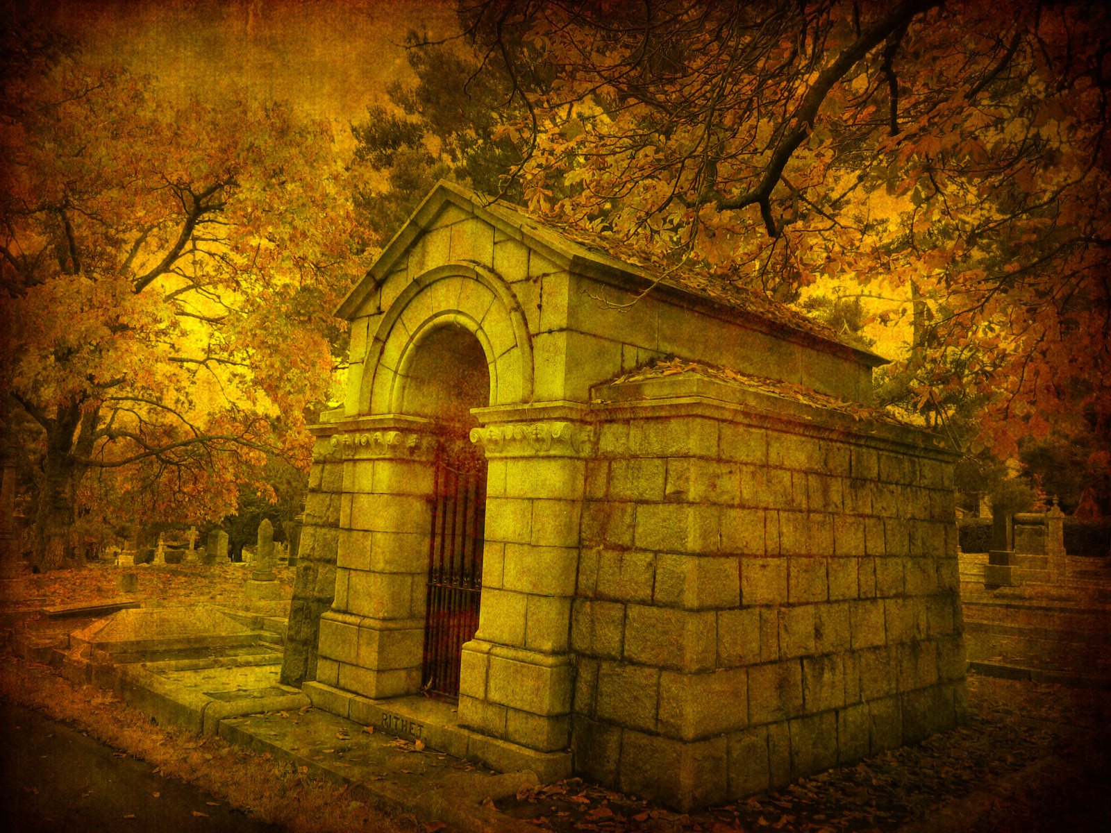 slunečnímu záření, podzim, listy, noc, textura, hřbitov, oblouk, kaple, mauzoleum, strom, zlatý, podzim, sezóna, tma, galleryoffantasticshots, rossbay, dávná historie, Fairfield, bestartever, rithet