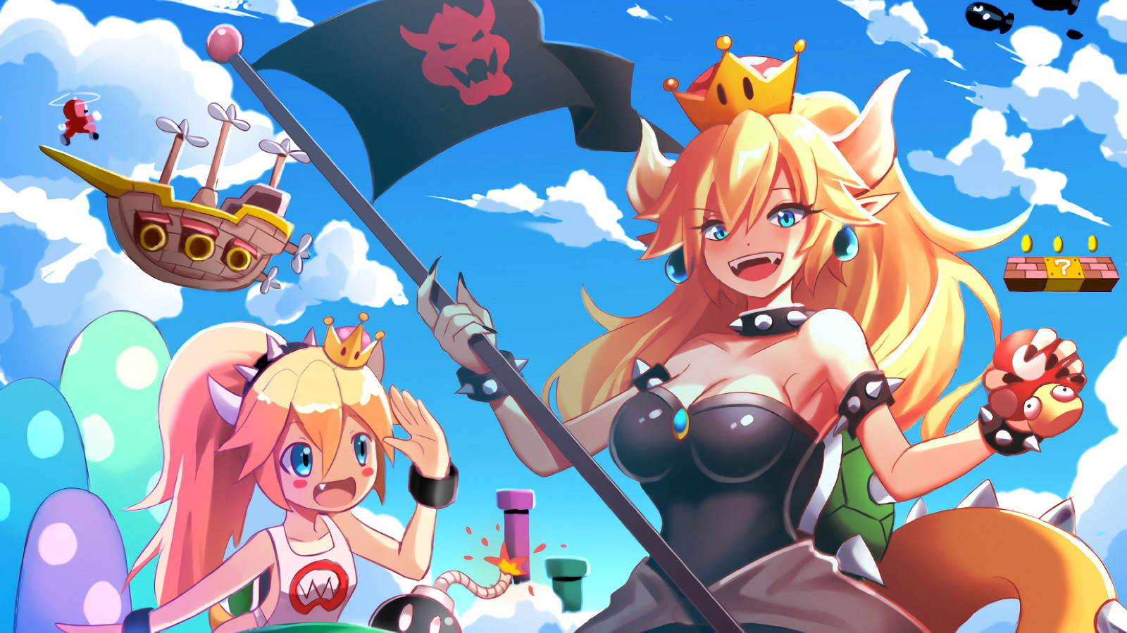 Bowsette, anime, blondýnka, anime dívky, prsa, modré oči, koruna, vlajka, Video Game Art