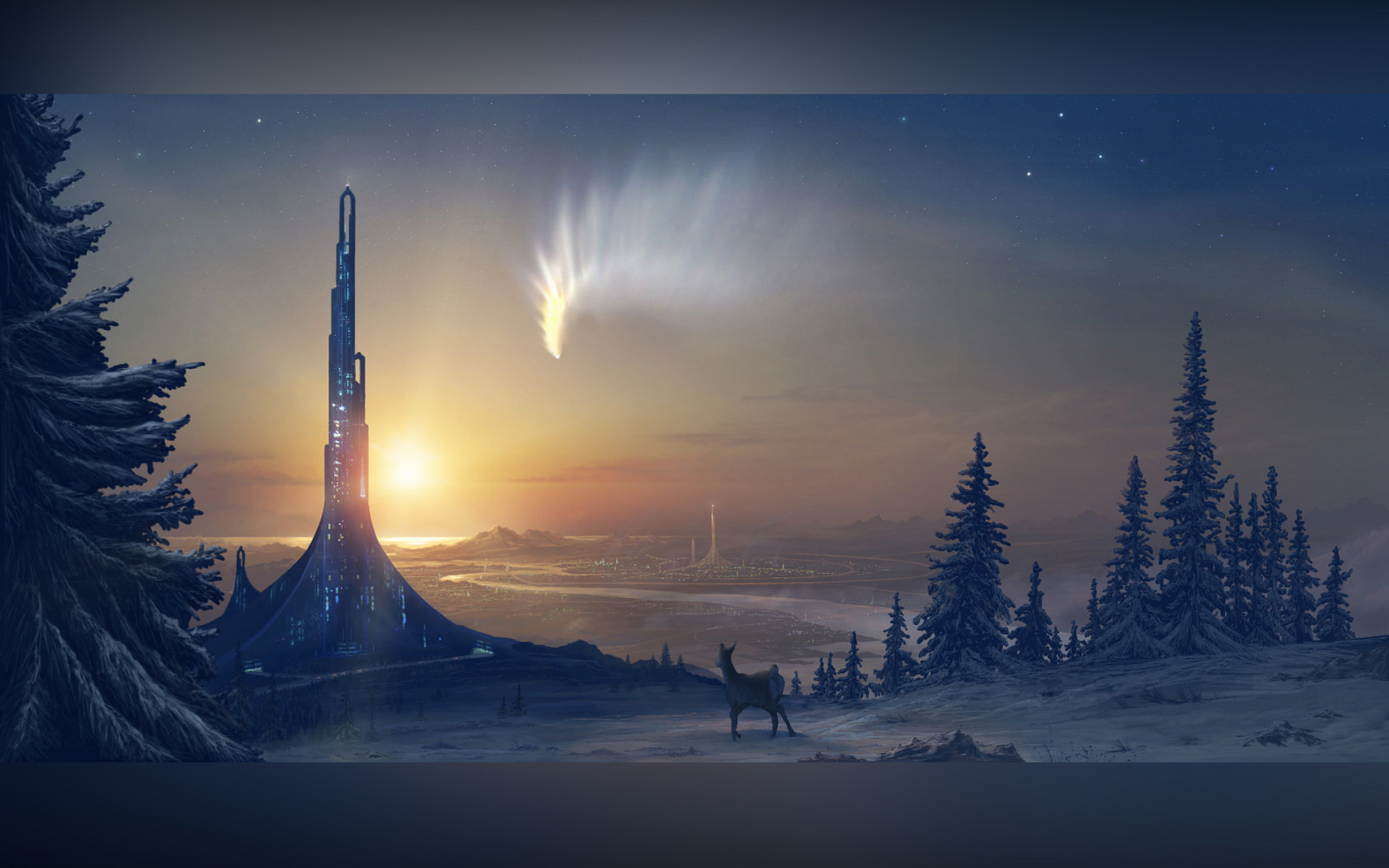 tower, snow, sun rays