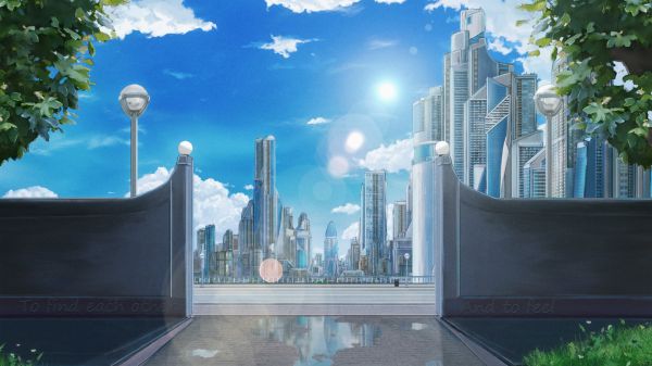 digital art,anime city,fantasy city,city,clouds,outdoors