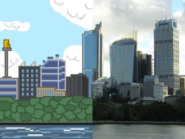 trees,city,cityscape,building,clouds,pixel art