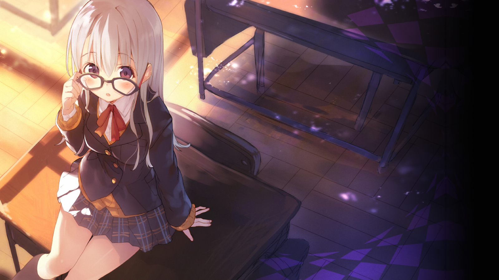Wallpaper glasses, school uniform, white hair, anime girls, original