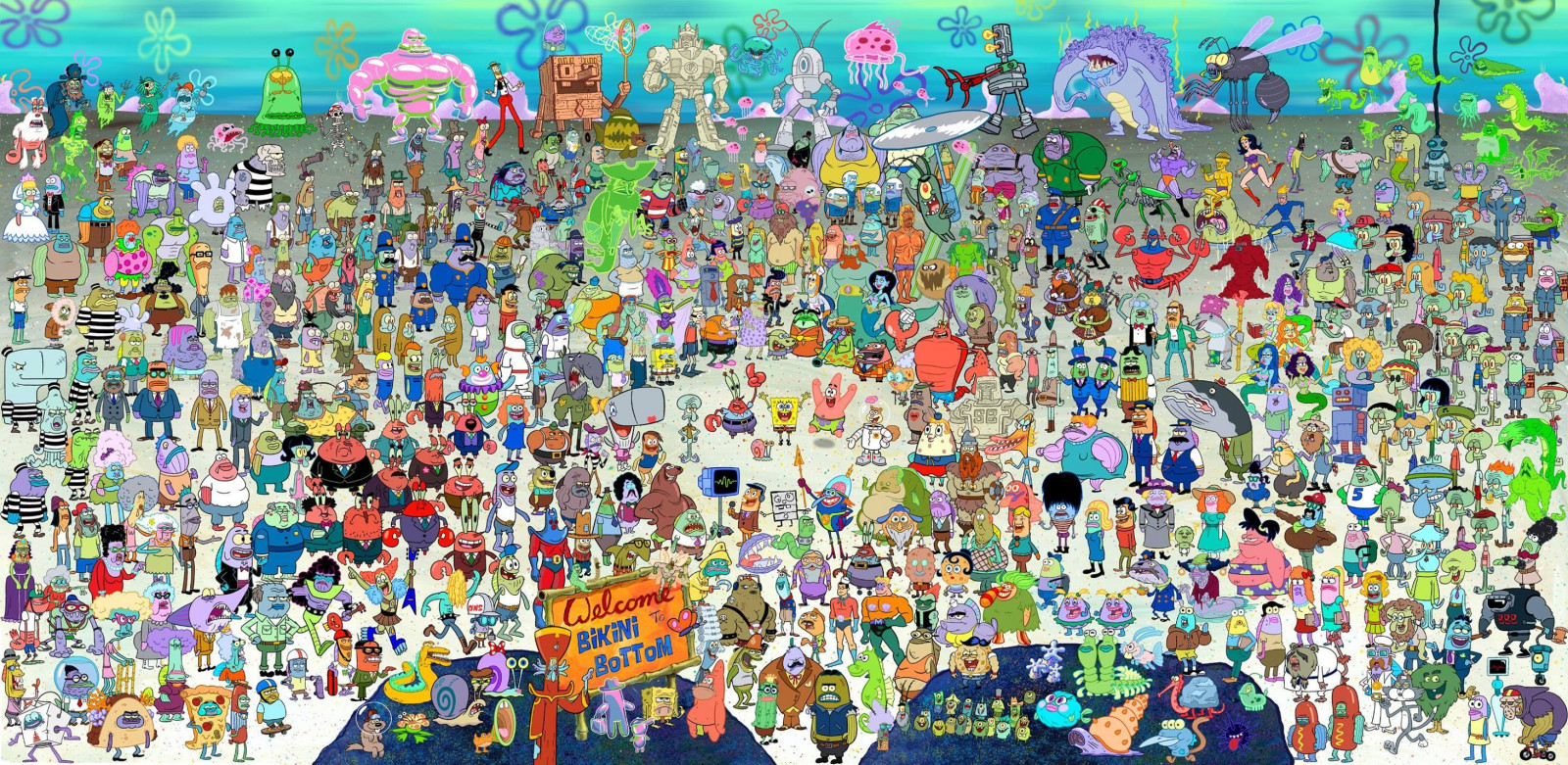 lidé, koláž, Spongebob v kalhotách, nástěnná malba, UMĚNÍ, dav, fotomontáž, dítě art, 2928x1431 px