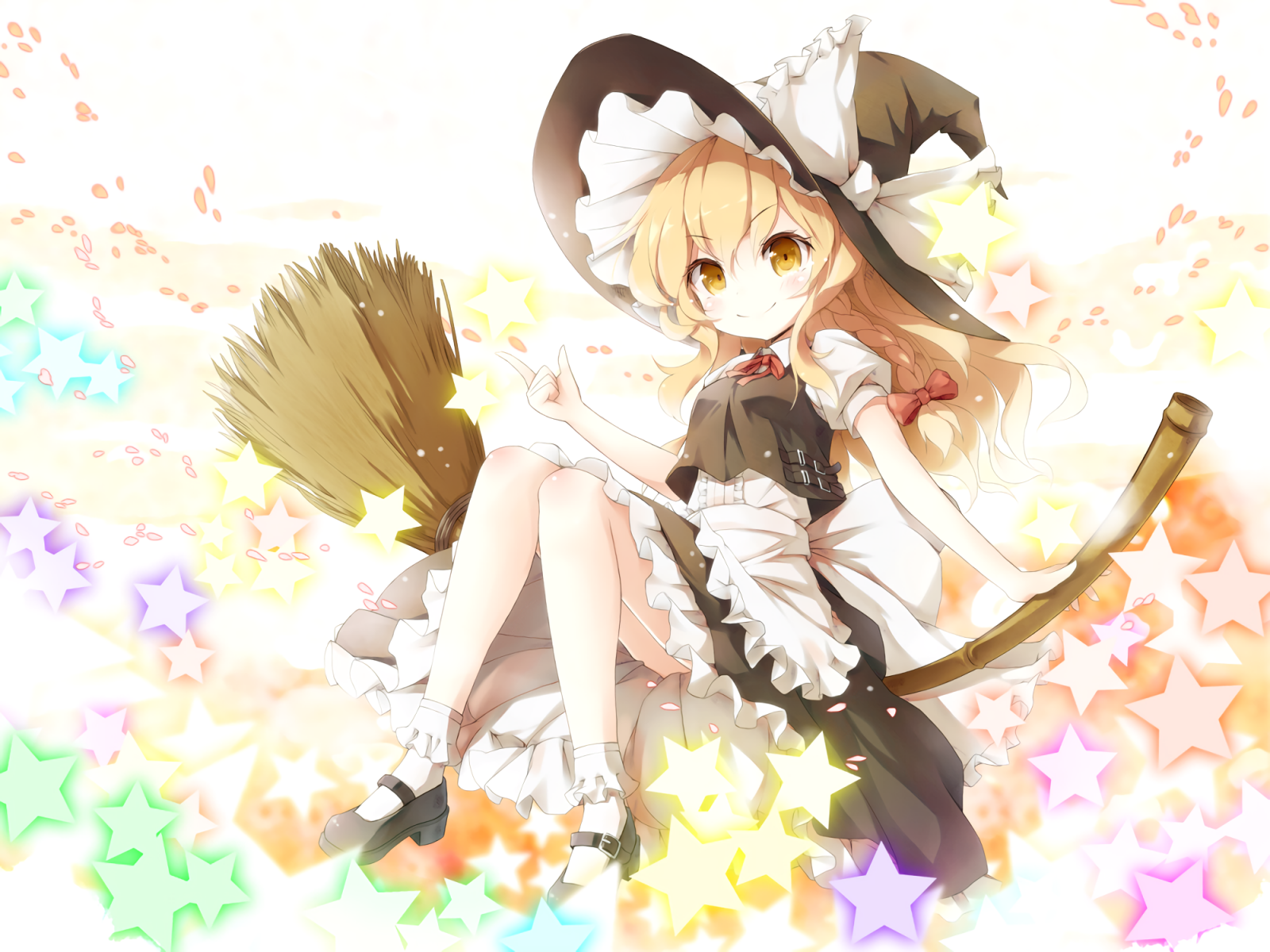 ilustrace, blondýnka, dlouhé vlasy, anime, anime dívky, žluté oči, Touhou, šaty, čarodějnice, stuha, Kirisame Marisa, koště, mangaka