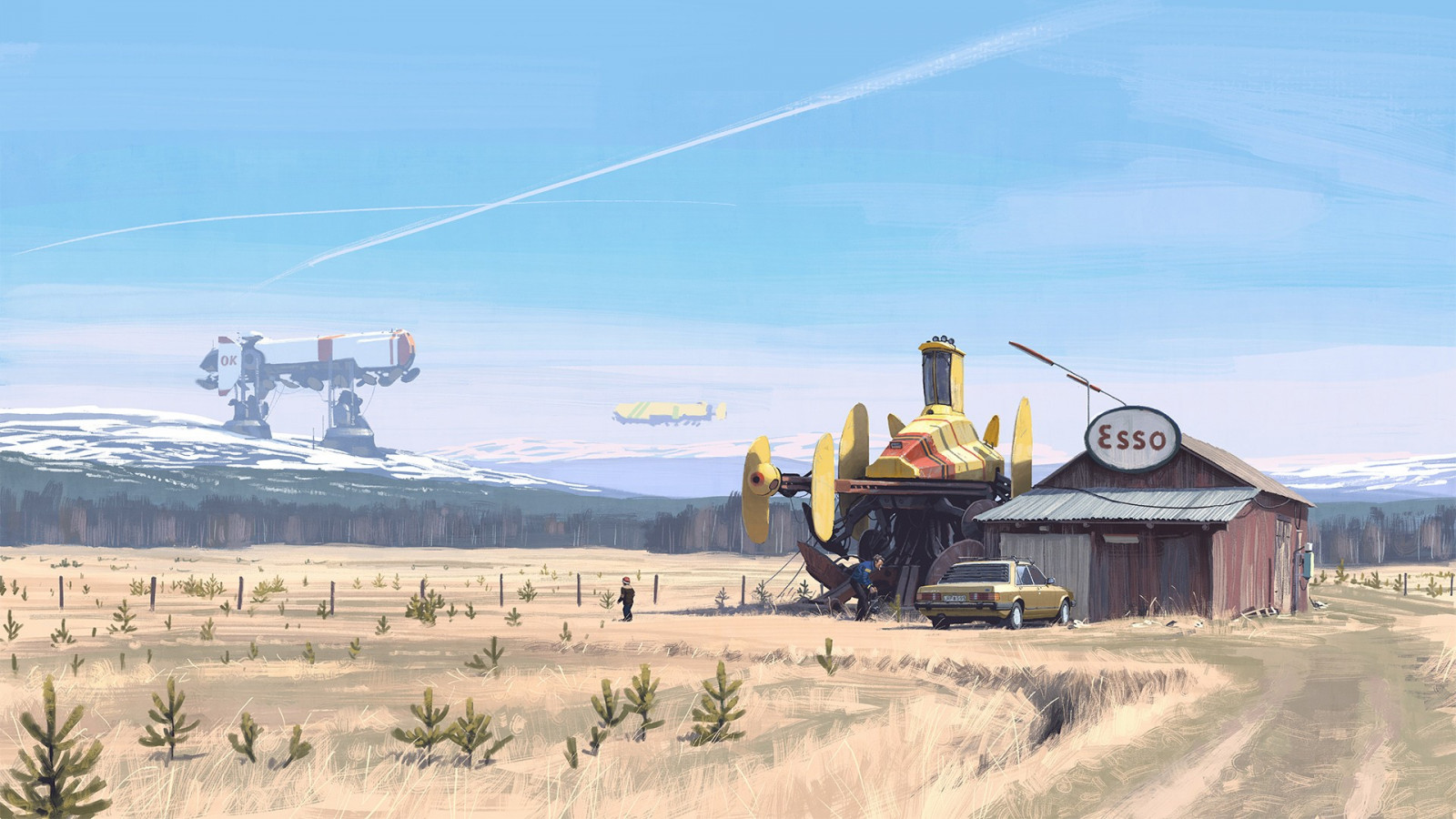 paesaggio, disegno, futuristico, trasporto, Simon Stalenhag, area rurale