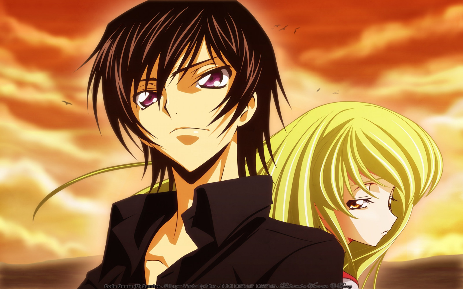 Code Geass Bird Wallpaper : illustration, birds, sunset, anime, sky, Code Geass, black ...