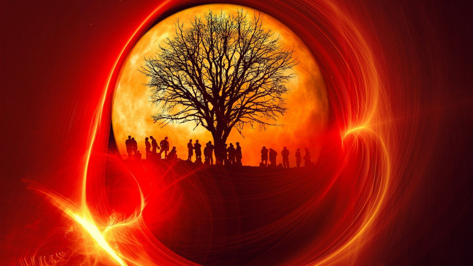 slunečnímu záření, stromy, lidé, ilustrace, Příroda, silueta, řeřavý, větev, Měsíc, manipulaci s fotografiemi, slunce, kruh, světlo stezky, počítač tapeta, fraktální umění, astronomický objekt