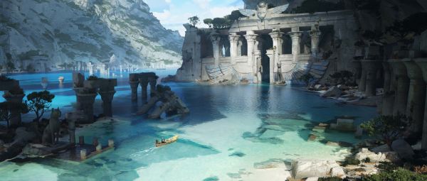 artwork, digital art, ruins, river, decay, boat
