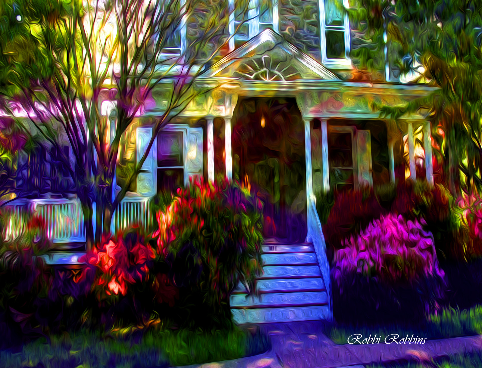 stromy, barvitý, Photoshop, květiny, zahrada, Příroda, koláž, tráva, fotografování, nachový, Dům, jaro, zadní dvorek, strom, květ, rostlina, osvětlení, flóra, Topas, veranda, photmanuplation, outdoor struktura, osvětlení krajinářské, Botanická zahrada, terénní