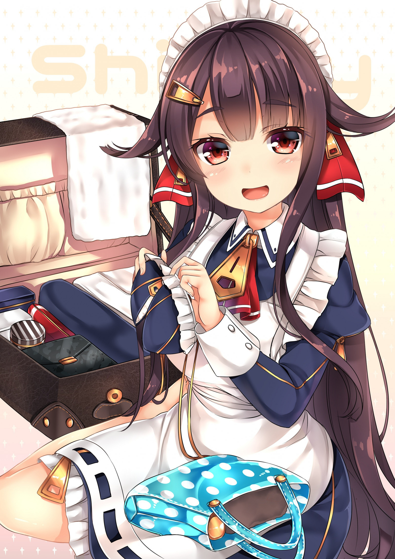 illustrazione, capelli lunghi, anime, anime girls, cartone animato, capelli neri, occhi rossi, domestica, Sennen Sensou Aigis, mangaka