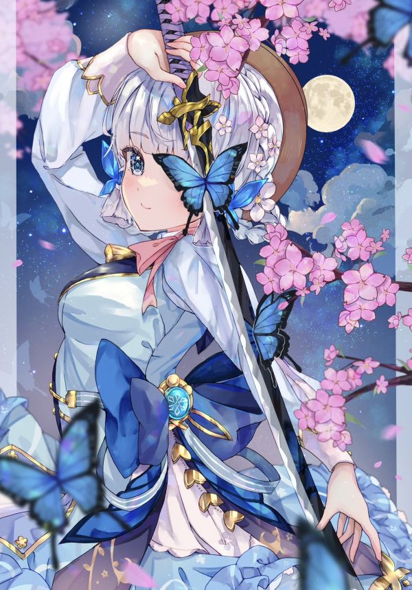 portrait display,Genshin Impact,butterfly,weapon,Kamisato Ayaka Genshin Impact,one eye obstructed