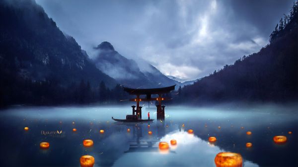 digital art, artwork, illustration, Asian architecture, digital, Asian