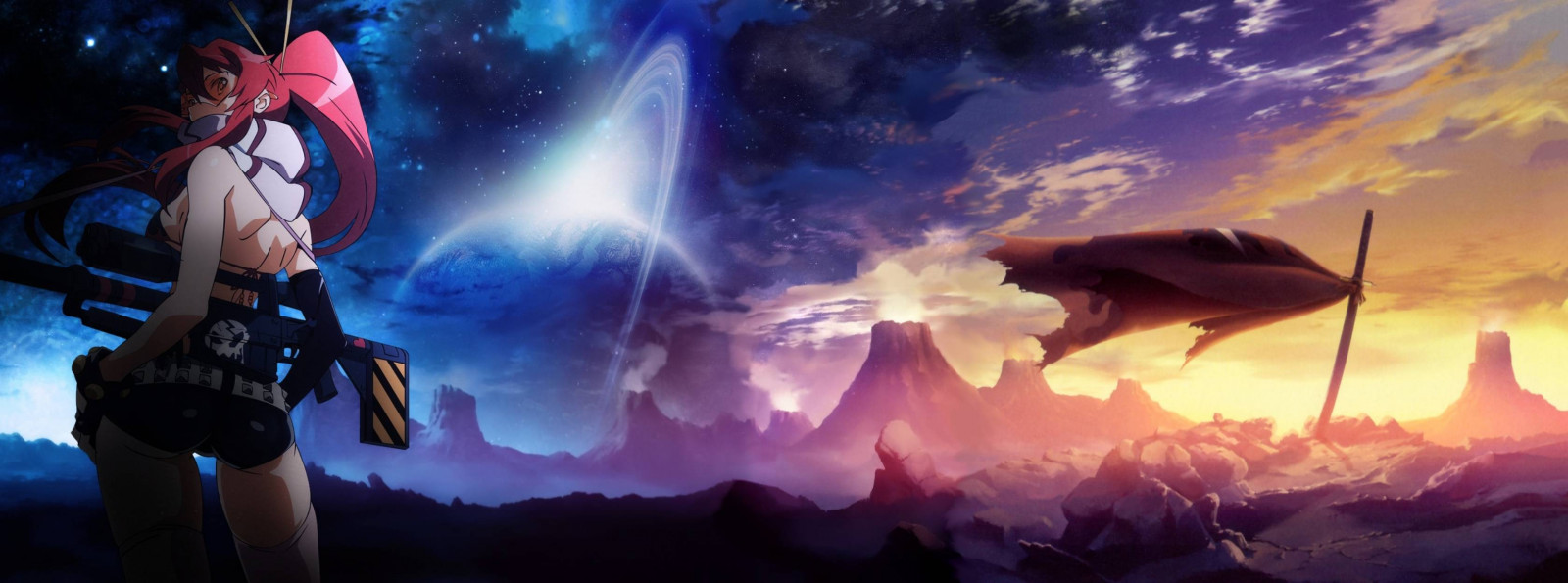 ryšavý, anime, Tengen Toppa Gurren Lagann, Littner Yoko, Snímek obrazovky, počítač tapeta, zvláštní efekty, 3360x1251 px