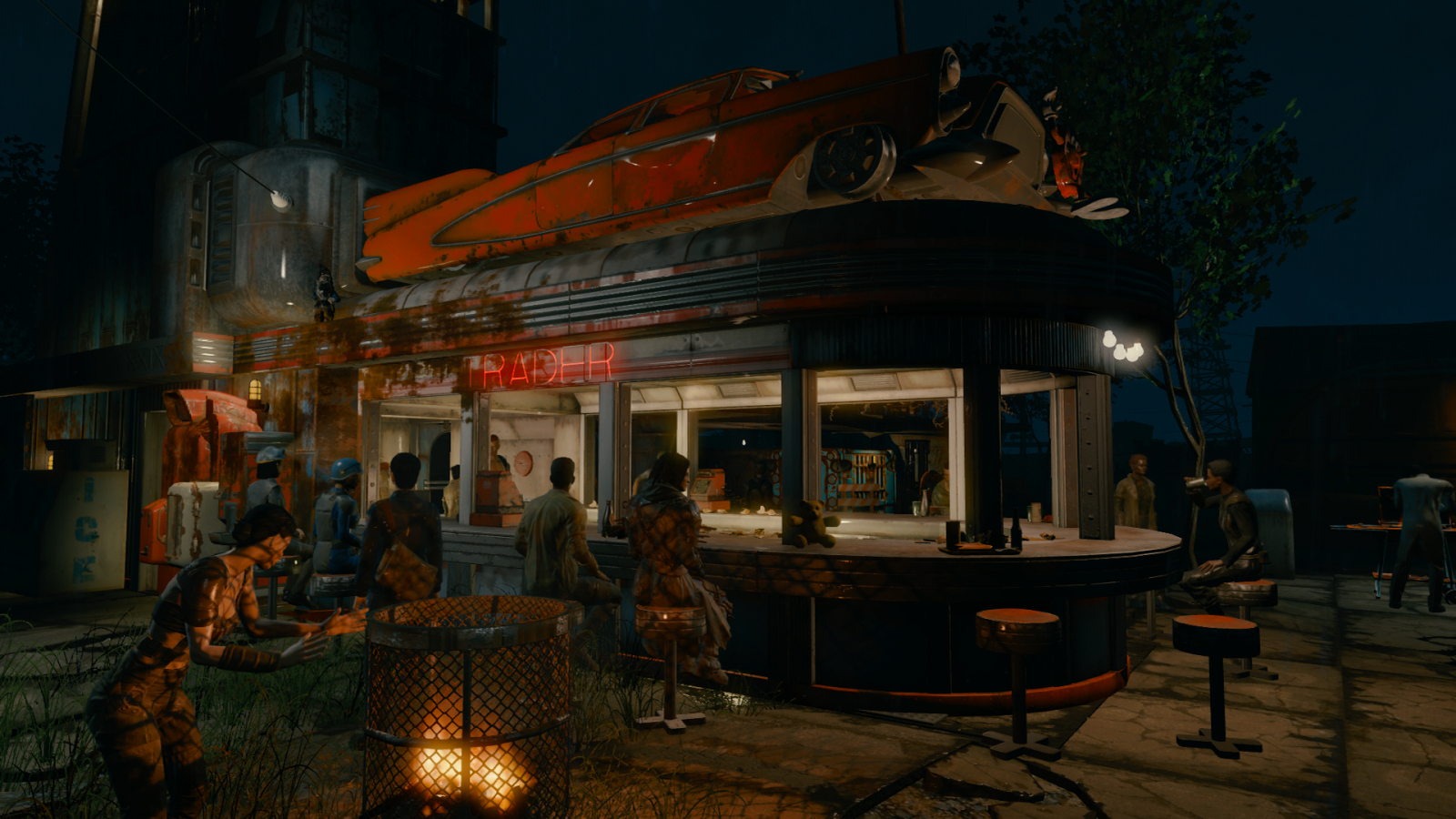 notte, sera, ristorante, Fallout 4, Xbox One, illuminazione, Teatro, immagine dello schermo, attrazione turistica, Parco divertimenti