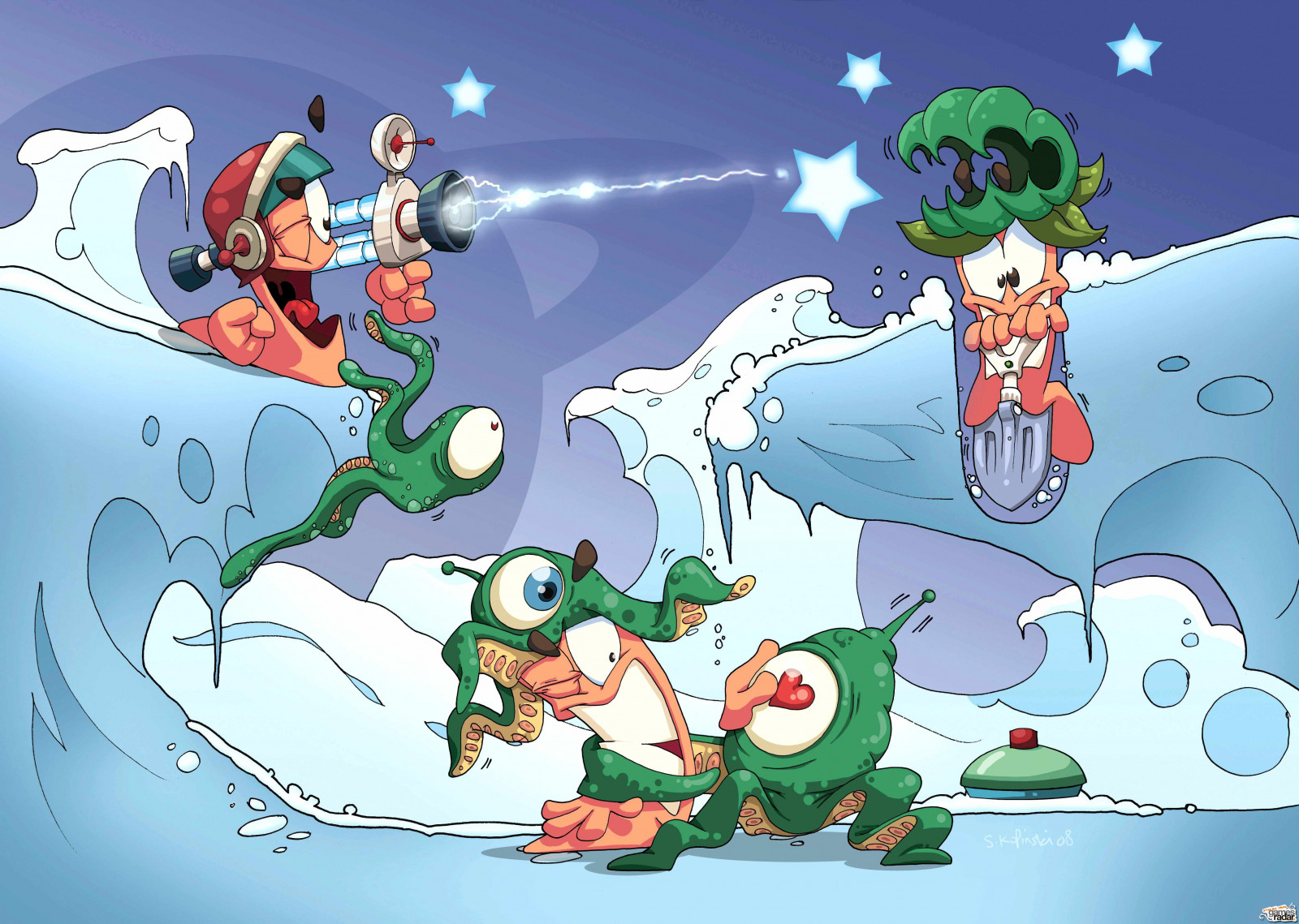 ilustrace, kreslená pohádka, sněhulák, červi, Ježíšek, Worms A Space Oddity, fiktivní postava