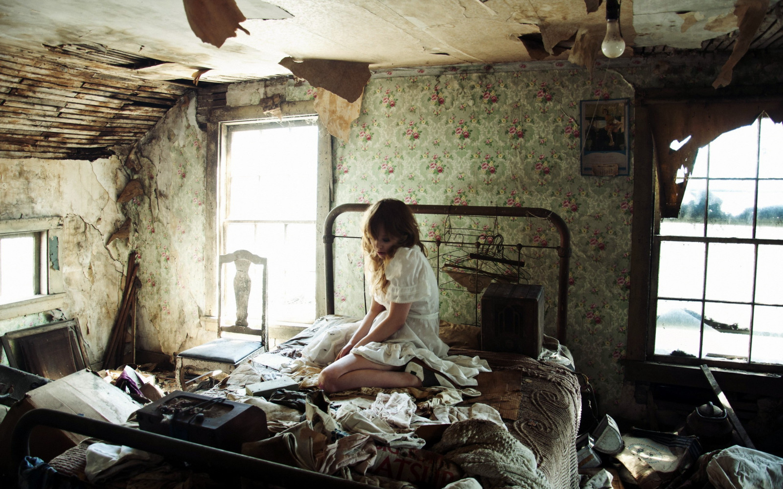 Wallpaper women, window, room, ruin, bed, interior design, cottage