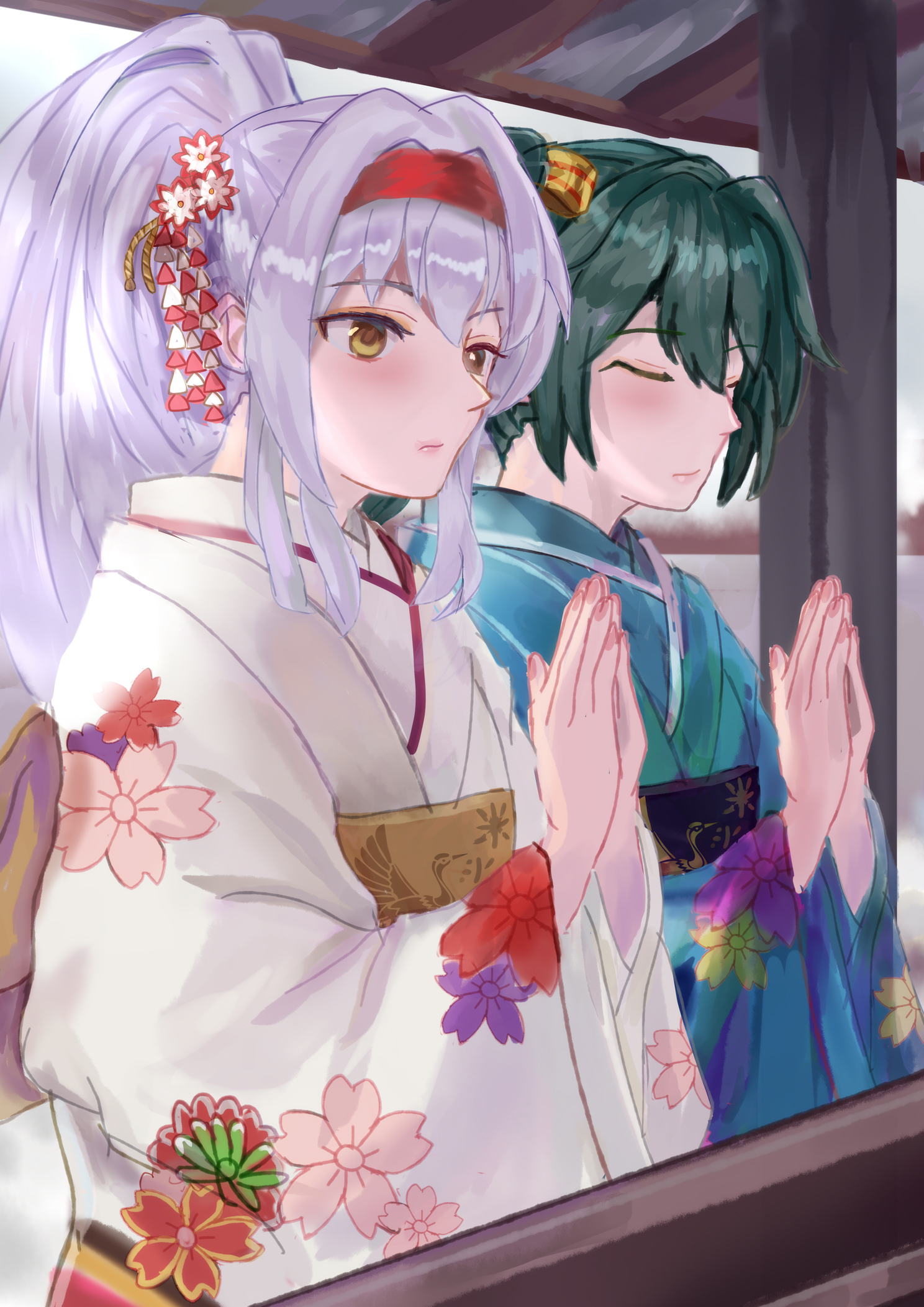 anime, Anime piger, twintails, grønt hår, langt hår, hvidt hår, hestehale, Kantai Collection, kimono, japanske kimono, Zuikaku KanColle, Shoukaku KanColle, kunstværk, Digital kunst, fan kunst