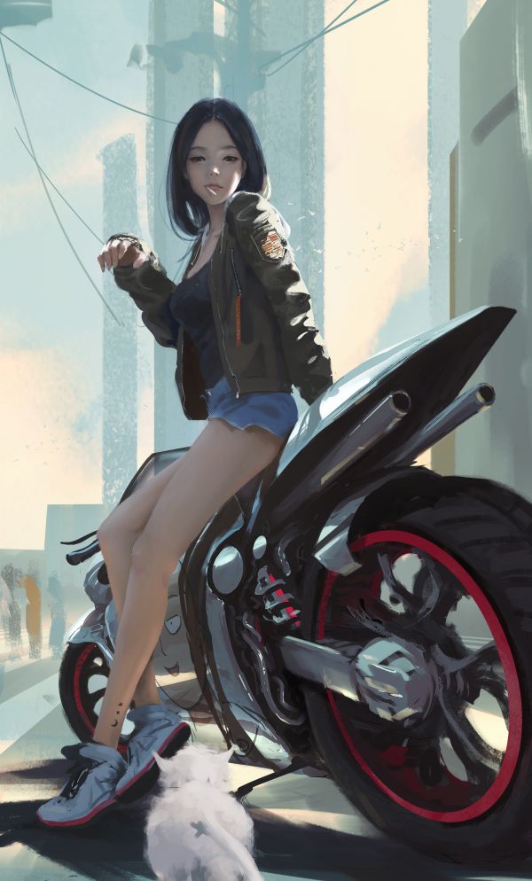 WLOP, drawing, motorcycle, digital art, cat, city