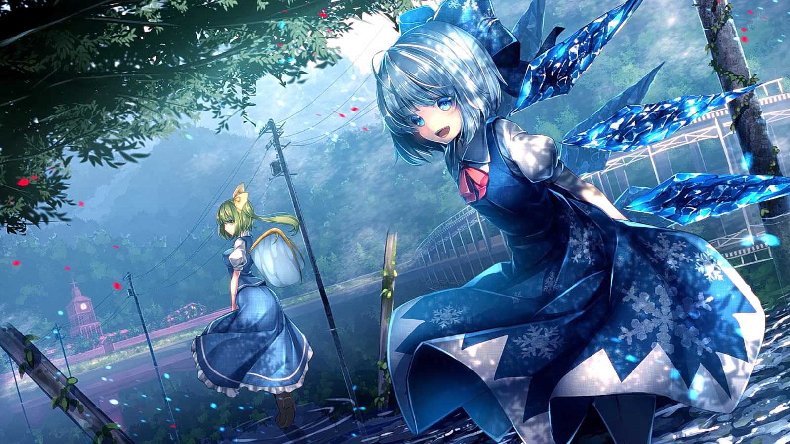 ilustrace, odvrátila, dlouhé vlasy, bílé vlasy, anime, anime dívky, křídla, usmívající se, Snímek obrazovky, počítač tapeta