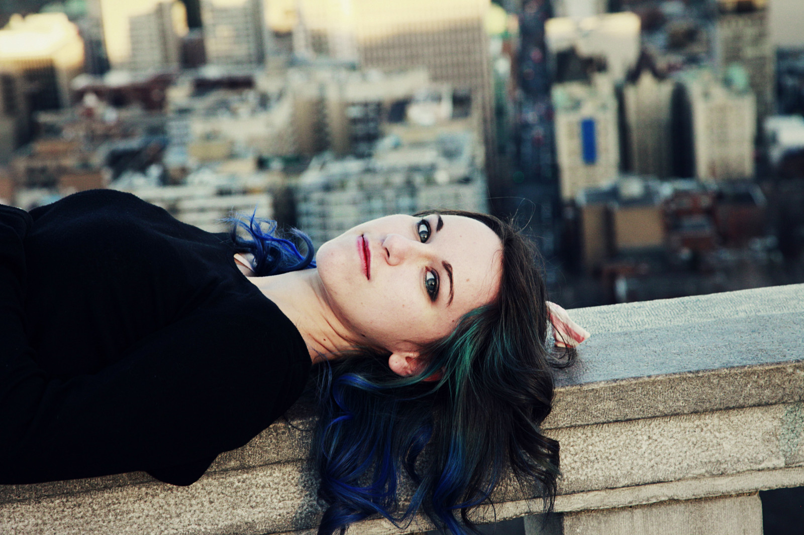 model, portrét, město, budova, fotografování, detailní, modrý, móda, Montreal, oblečení, barva, dívka, krása, dáma, modré oči, fotografie, kostým, obraz, autoportrét, bluehair, canon5d, focení