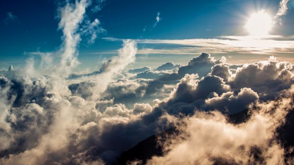 clouds,sky,mountains,blue,Sun,mist