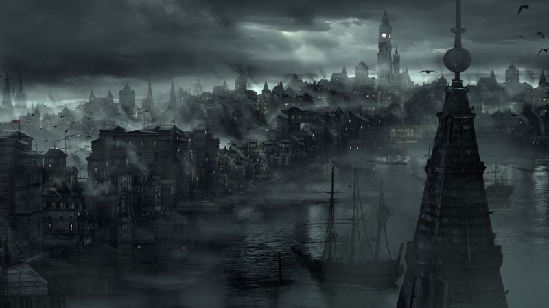 černobílý, temný, panoráma města, odraz, mlha, loď duchů černobílý, temný, panoráma města, odraz, mlha, loď duchů