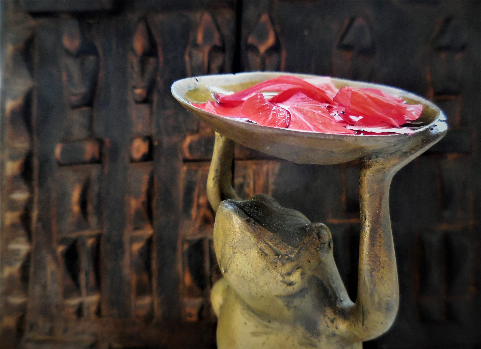 macromondays, madeofmetal, mosaz, ornament, žába, podnos, voda, ibišek, květ, Lístky, detailní