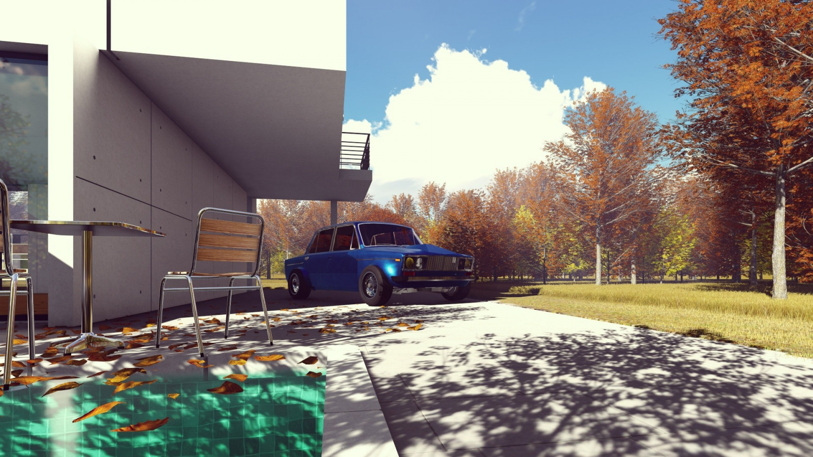 architektura, auto, poskytnout, Dům, LADA, modrý, staré školní kola, sezóna, domů, předměstí, fasáda, obytný prostor