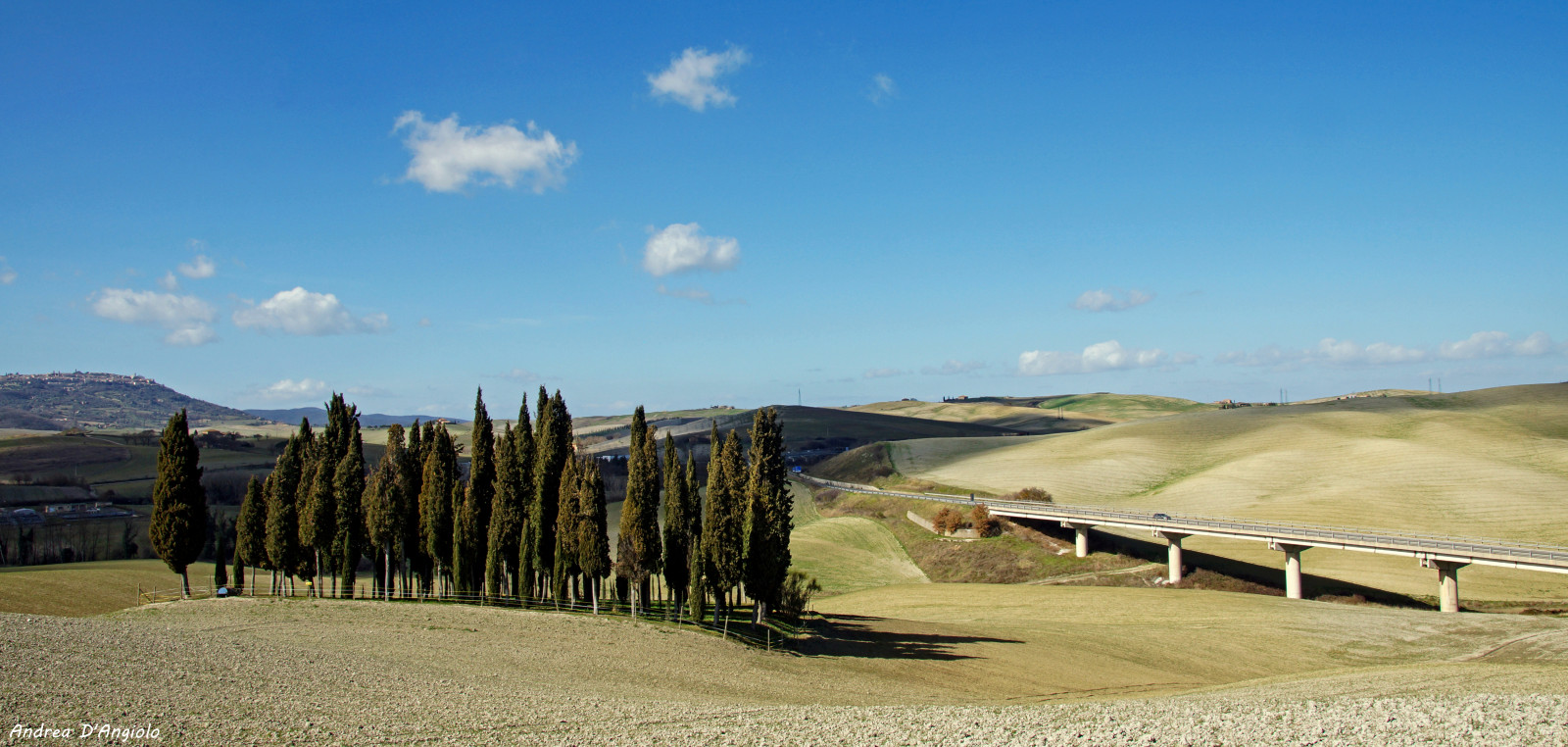 Příroda, cypřiš, krajina, silnice, kopce, stromy, Valdorcia, Toskánsko, Sanquirico, cassia, nebe, panoráma, mraky, země, uNESCO, pole, pěstování