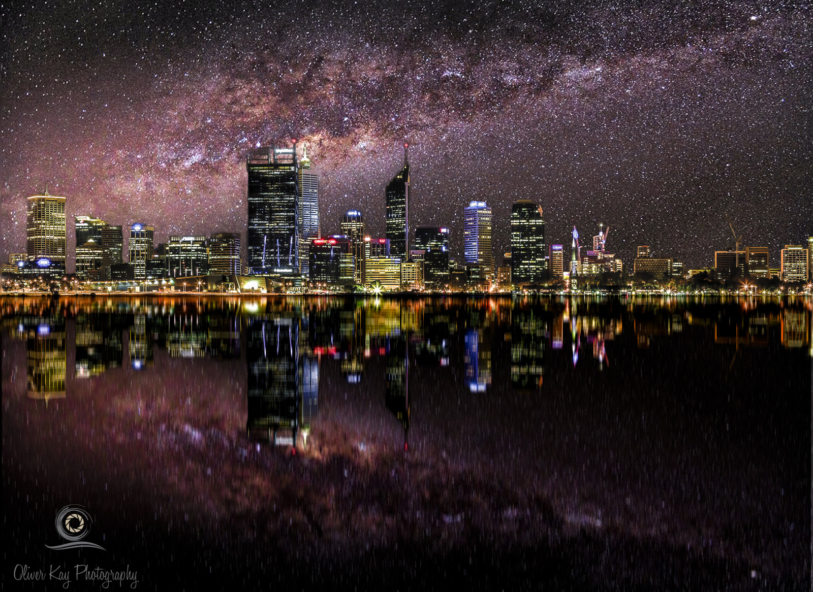 město, odraz, odrazy, hvězdy, krajina, zrcadlo, krajiny, panoráma města, prostor, Austrálie, západní Austrálie, mléčná dráha