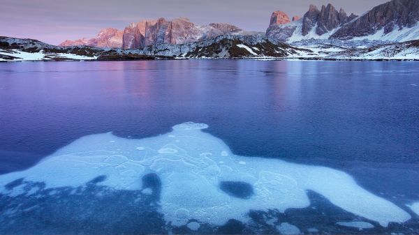 nature, landscape, mountains, lake, frozen lake, snow