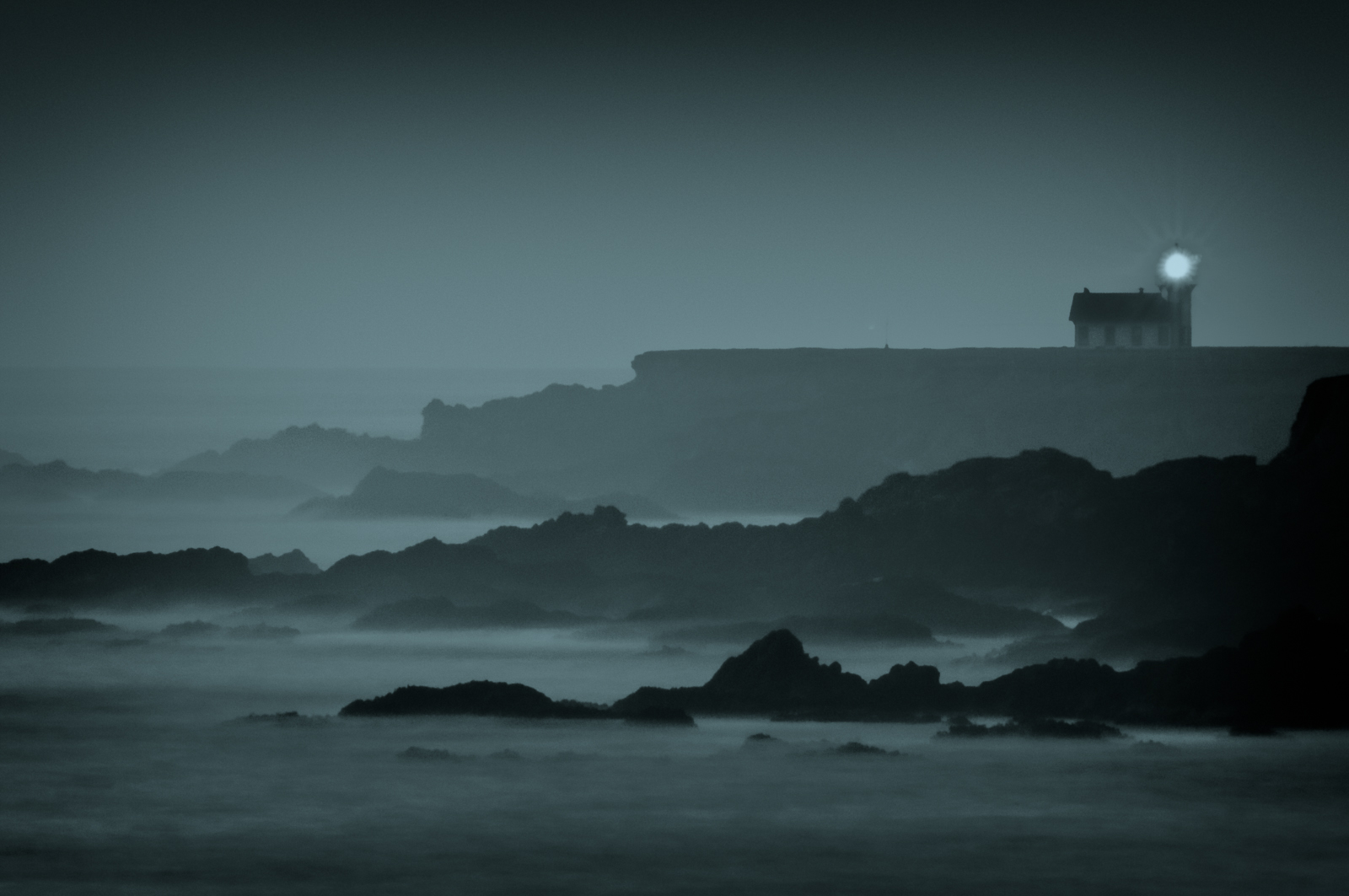 ocean, Californien, ca, solnedgang, fyrtårn, gul, klipper, Mendocino, Cabrillo, rockformation