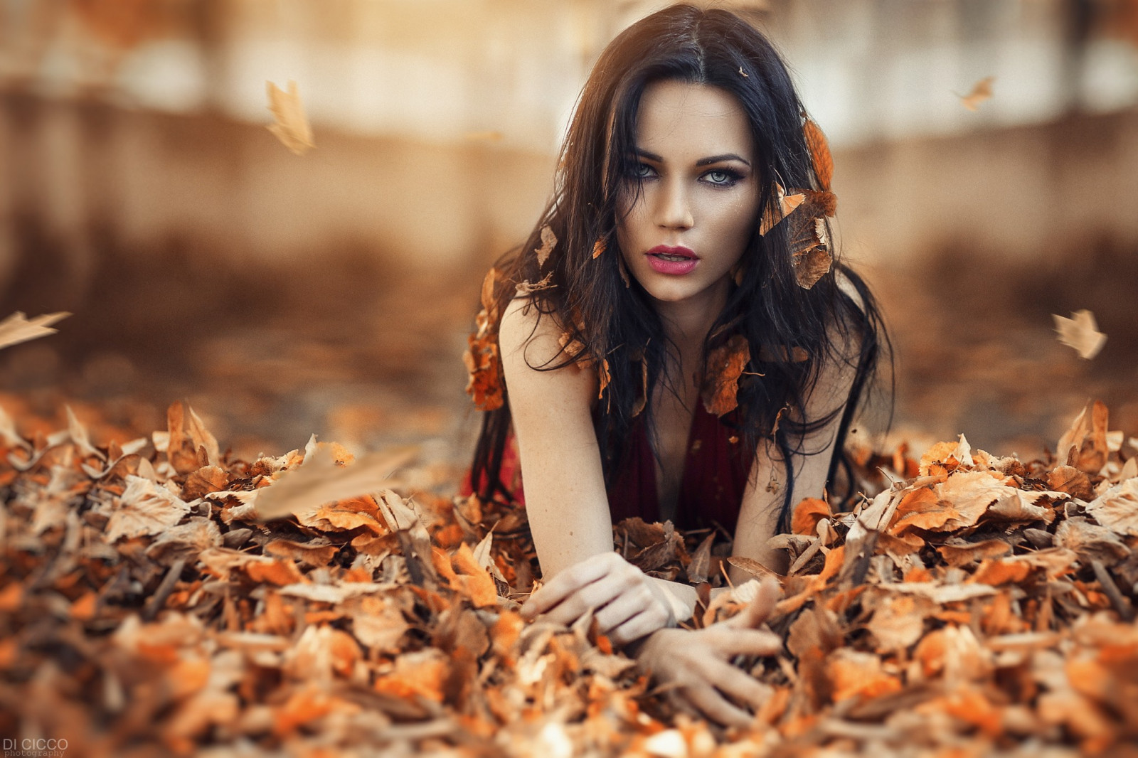 Wallpaper Face Fall Leaves Women Outdoors Model Depth Of Field Long Hair Brunette Open 9579