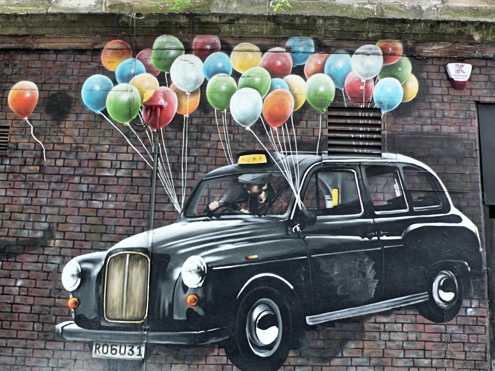 auto, vozidlo, cihly, Skotsko, taxi, Spojené království, Leica, veteránem, klasická auta, nástěnná malba, Glasgow, murales, barva, pouliční umění, barvy, balóny, klasický, murale, pointandshoot, rodinný vůz, kompaktní vůz, motorové vozidlo, druh dopravy, městské auto, nástěnné malby, Kompaktní kamera, Stěny