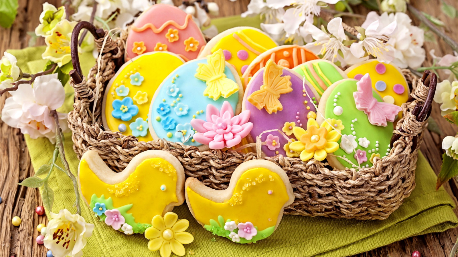 mad, kurve, blomster, småkager