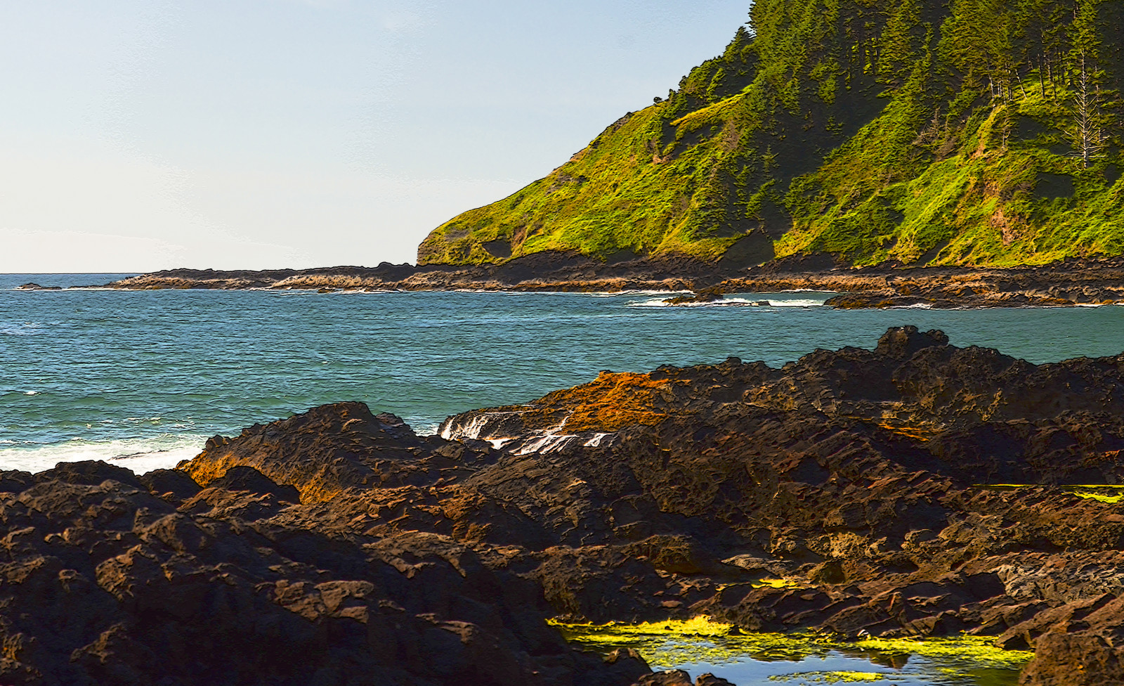 modrý, stromy, zelená, voda, Oregon, krajina, láva, vlny, Pacifik, Tichý oceán, oregoncoast, lavafield, Lavabeach, Lavarocks